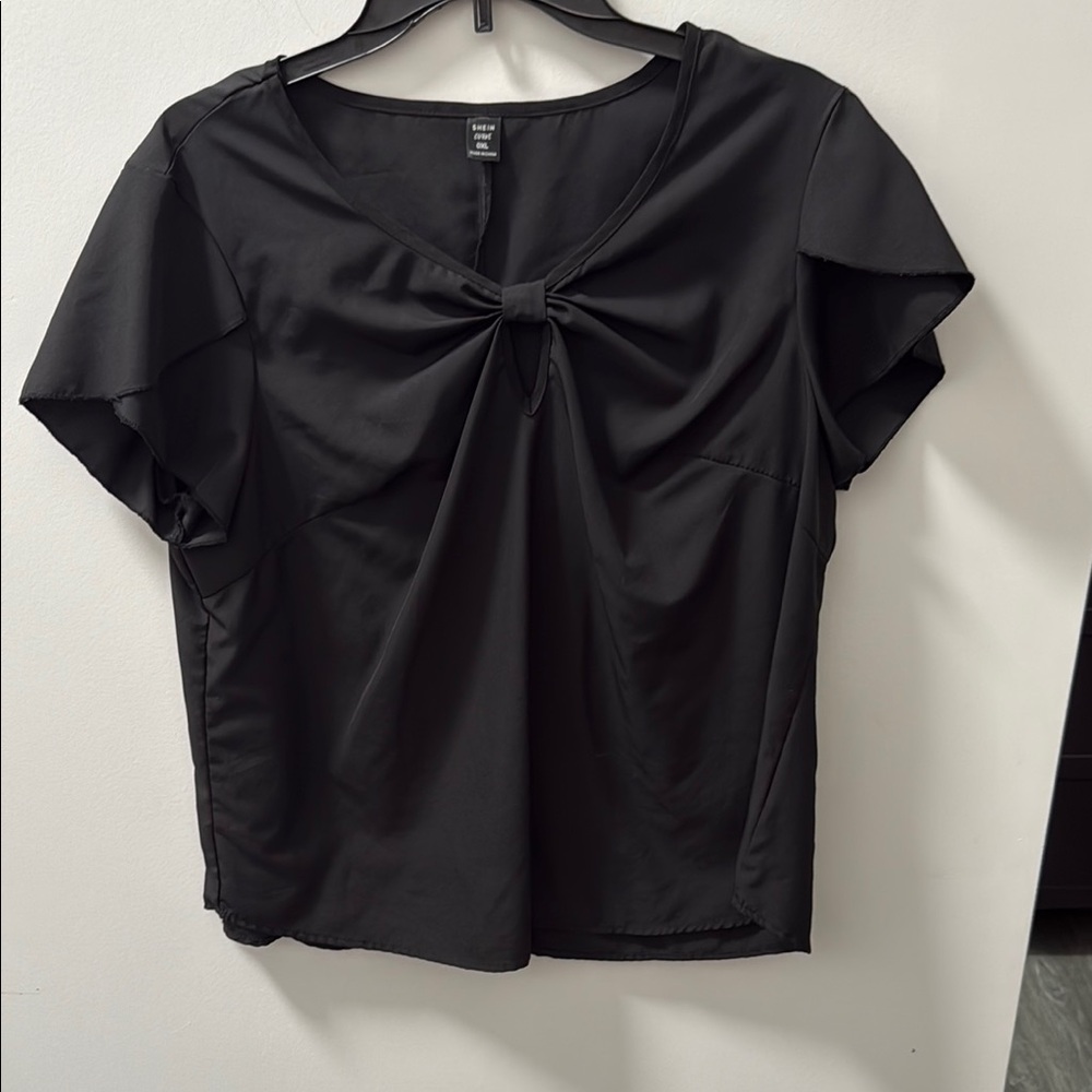 SHEIN Black Tie Front Short Sleeve Blouse